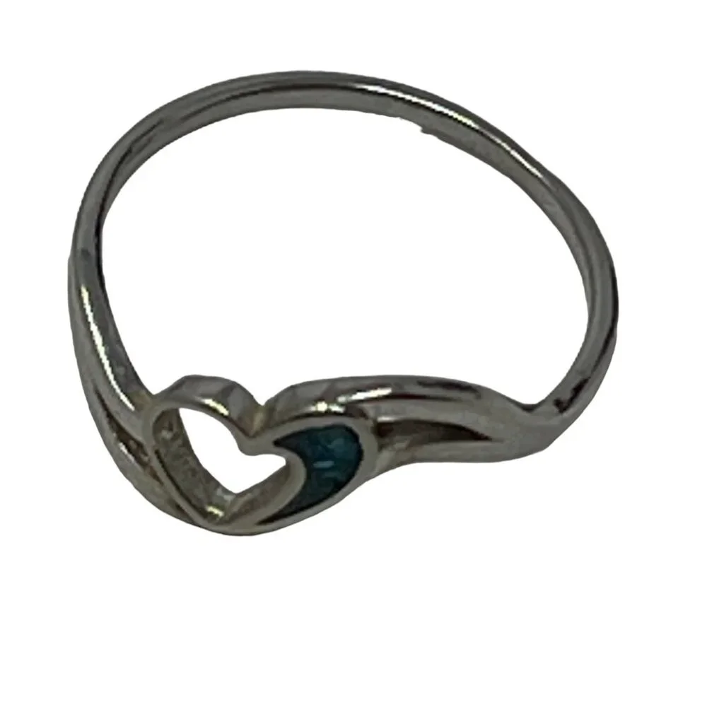 Womens Heart Ring Blue Stone‎ Silver Tone Fashion Size 8 1/2